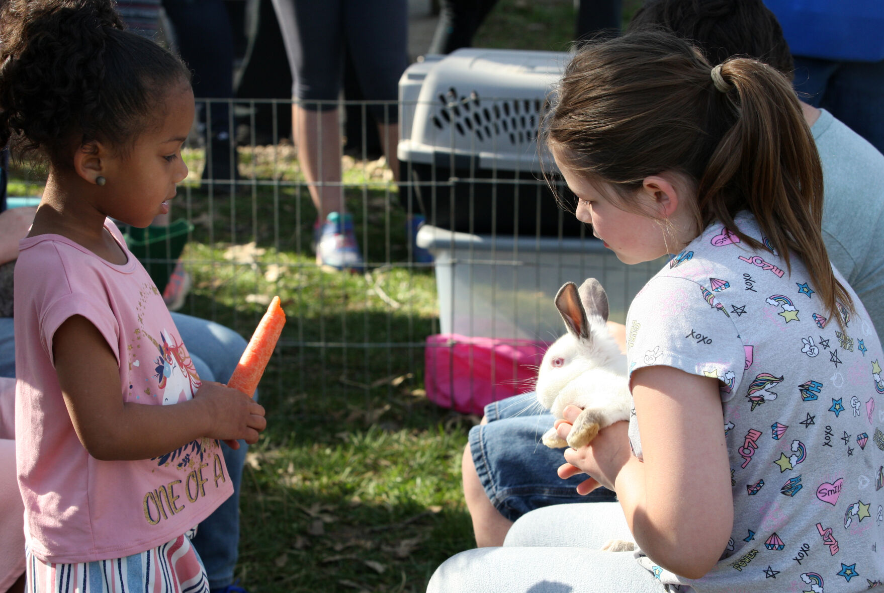Sabria Levi and Charley Elder play with bunnies